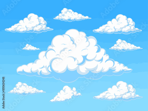 A beautiful array of fluffy white clouds scattered across a bright blue sky, evoking feelings of serenity and freedom on a sunny day.