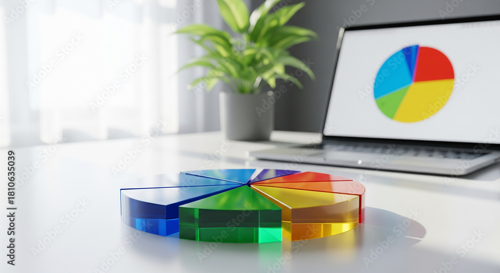 Fototapeta premium A modern office desk with a laptop displaying a pie chart and a physical chart model, a perfect concept for business data analysis and presentations