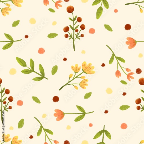 Spring Yellow and Green Botanical Seamless Pattern