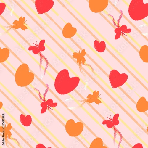 Red and Orange Hearts with Diagonal Stripes Seamless Pattern