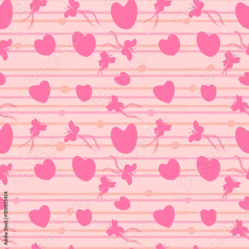 Cute Pink Hearts and Stripes Seamless Pattern