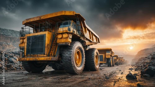 Large, yellow mining trucks in a quarry, lined up under a dramatic, colorful sky at dusk