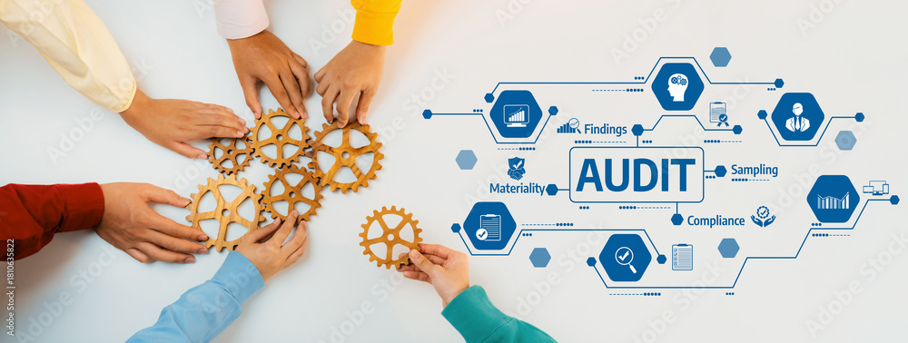 Obraz premium A vibrant setting showcasing diverse hands interacting with gears and icons related to the audit process. This image symbolizes teamwork and professional auditing dynamics. Amity