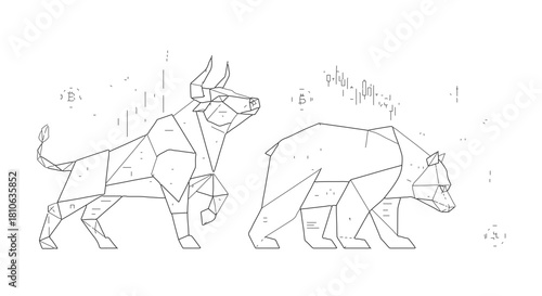 Crypto Trading Concept Geometric Bull and Bear Characters