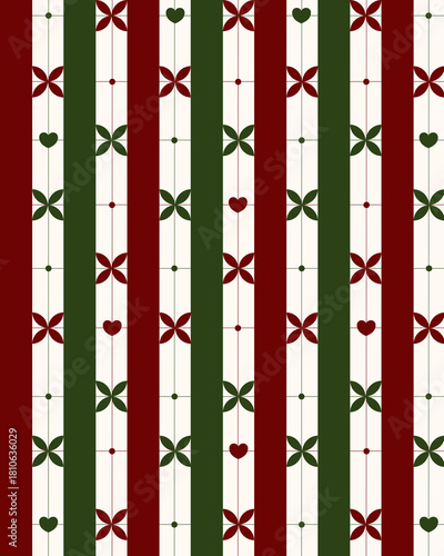 Christmas Stripes Pattern Background with Hearts and Flowers