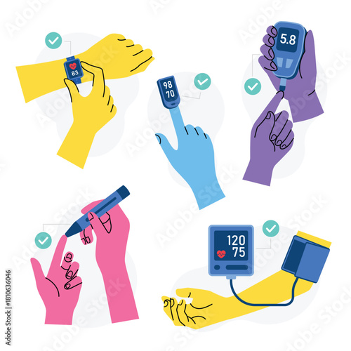 Health Monitoring Devices Illustration. Cutout hand check and monitoring Heart Rate, Blood Pressure, Oxygen Level, and Glucose Check