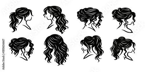 Hair Styling Collection: A diverse compilation of women's hairstyles, ranging from elegant updos to flowing waves, elegantly illustrated in a classic, monochrome palette. 