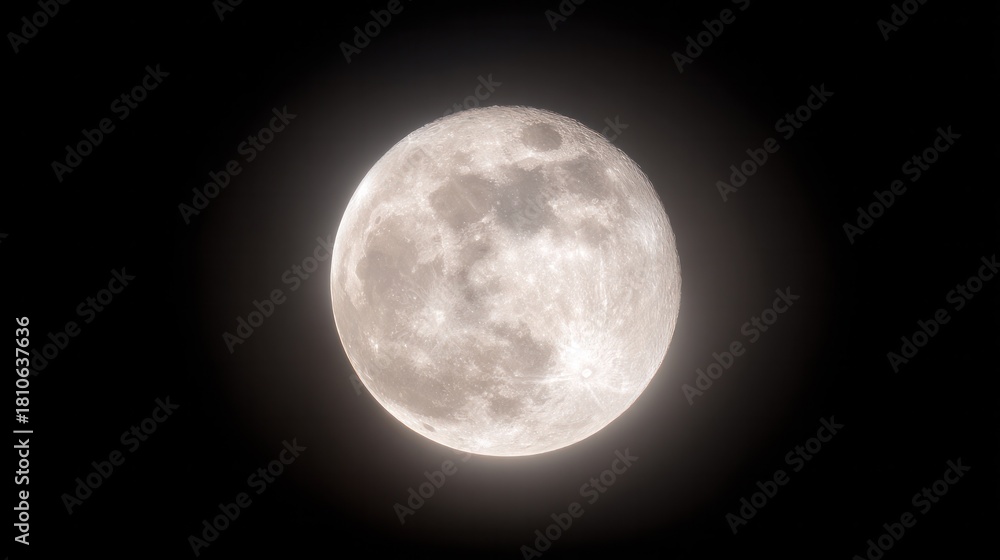 Fototapeta premium Bright full moon rising in a clear night sky, showing sharp lunar textures and shadows.