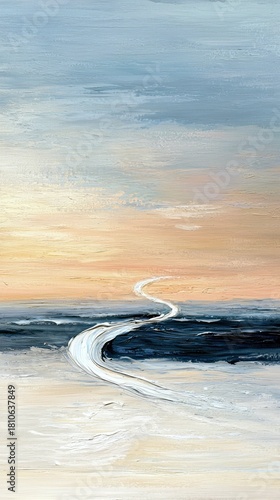 An abstract painting depicts a winding white path emerging from a sandy shore, flowing through dark blue ocean waves, and disappearing into a soft sky with hues