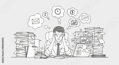 Overwhelmed businessman facing work stress and deadlines in office.