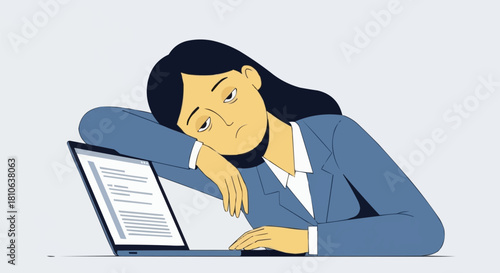 Tired woman resting head on laptop, feeling overwhelmed and exhausted at work.