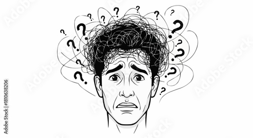Stressed Man with Question Marks, Anxiety and Confusion.