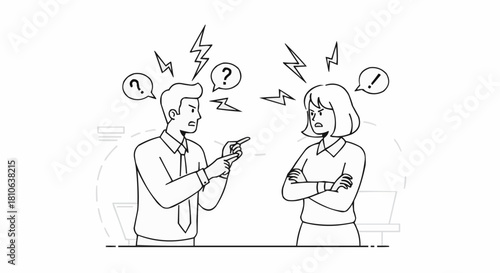 Man and Woman Arguing with Symbols of Conflict.