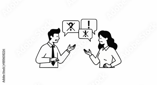 Two people engaged in a heated discussion with conflicting speech bubbles.