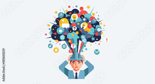 Man Overwhelmed by Information Overload and Digital Distractions.