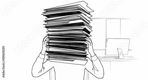 Person overwhelmed by a large stack of papers.