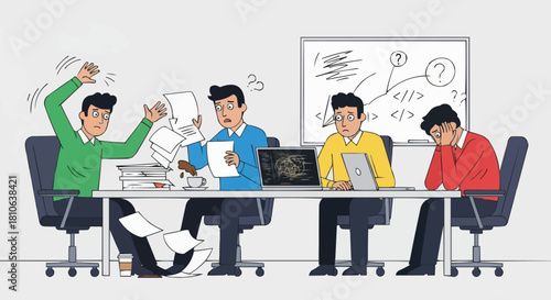 Team meeting chaos and frustration with project issues and problems.