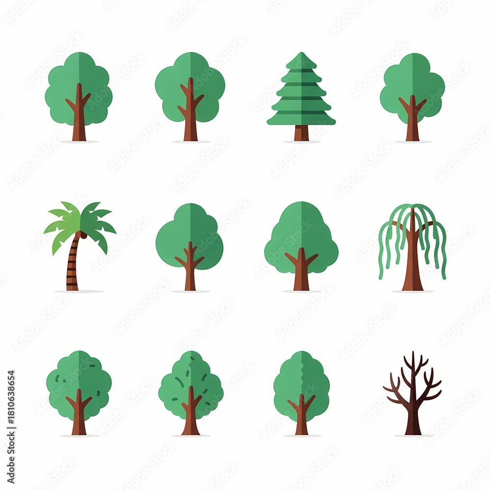 Fototapeta premium Large set of diverse tree icons in a simple, flat design style. Includes palm, pine, deciduous, and bare trees with shadows for general use and maps.