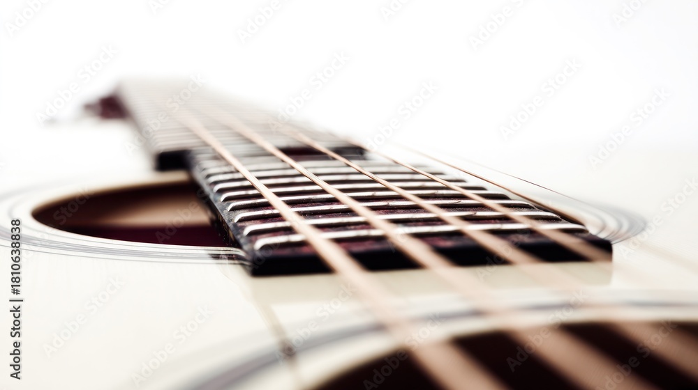 Obraz premium Acoustic guitar isolated on a pure white background with soft shadows and clean lines. tutorial guides, club newsletters, designed for tourism and weekend activity guides, used by copywriters.