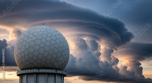 A weather radar dome stands against a dramatic sky filled with swirling, layered storm clouds at sunset.