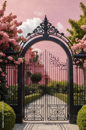 Portrait of black gate on pink garden background, beautiful architecture aesthetic concept