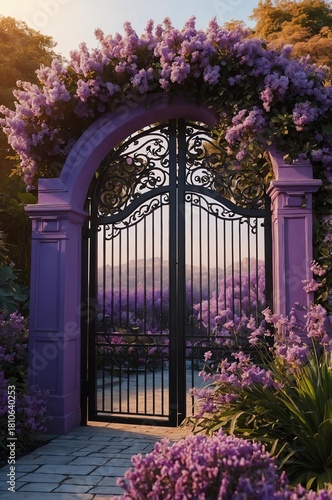 Portrait of black gate on purple garden background, beautiful architecture aesthetic concept