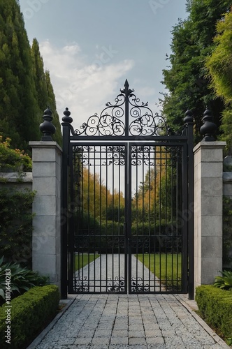 Portrait of black gate on gray garden background, beautiful architecture aesthetic concept