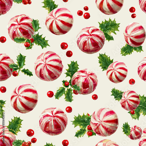 A repeating, seamless vector pattern made of classic red and white striped peppermint candies and green holly sprigs.