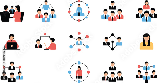 Flat business team and leadership icon set illustrating teamwork, communication, management hierarchy, collaboration symbols, corporate people concept, modern vector design