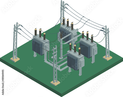 Isometric 3D electrical substation illustration with power transformers, high-voltage equipment, distribution lines and utility poles for energy infrastructure design
