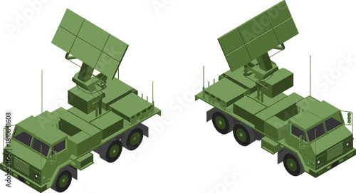 Isometric 3D military radar trucks with large rotating antenna systems, armored vehicle design for surveillance, communication and defense illustration