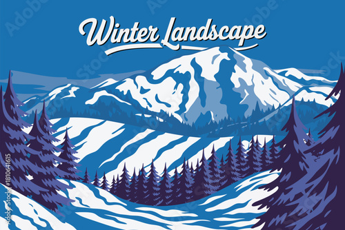 Winter snowy landscape including rocks, ski slopes, woodland areas, and mountain silhouettes, handcrafted vector illustration perfect for cold-season adventure posters, holiday graphics, 
