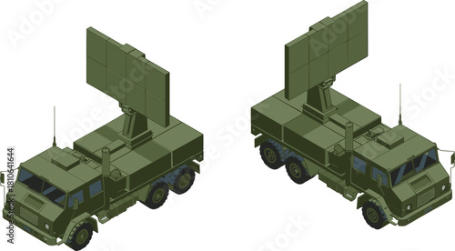 Isometric 3D military radar trucks with large rotating antenna systems, armored vehicle design for surveillance, communication and defense illustration