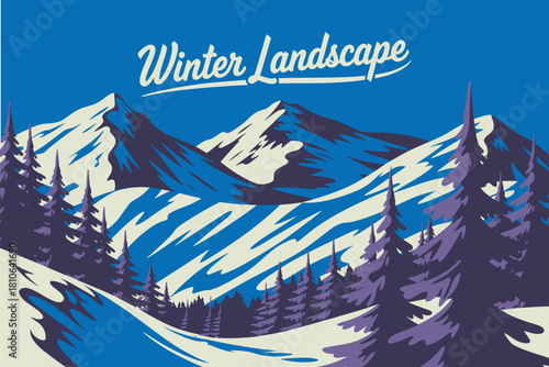 Winter mountain landscape featuring rocky terrain, ski slopes, evergreen forest, and snowy peaks, hand-drawn vector artwork perfect for seasonal posters, outdoor sports themes, 