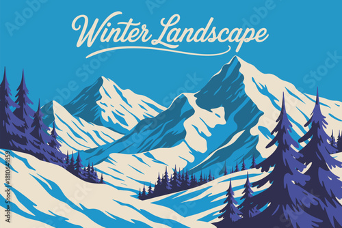Winter landscape with rocks, skiing slopes, forest and distant mountains, detailed handmade drawing vector illustration ideal for winter sports graphics, outdoor adventure posters, holiday decor, 