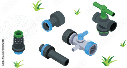 Isometric illustration of garden irrigation pipe fittings, valves, connectors and sprinkler components for landscaping water system installation and agriculture use
