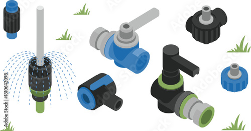 Isometric illustration of garden irrigation pipe fittings, valves, connectors and sprinkler components for landscaping water system installation and agriculture use