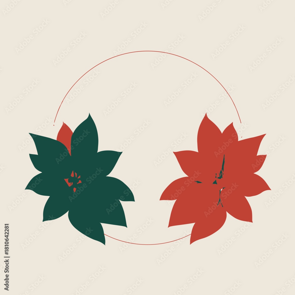 Fototapeta premium A vector design of two large, elegant poinsettia leaves forming a perfect frame or wreath shape around a central empty space.