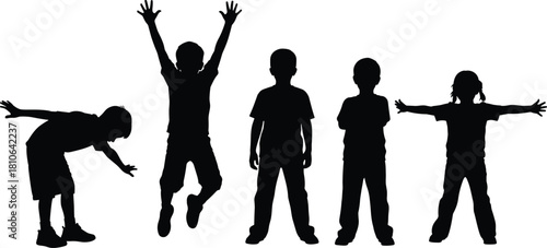 Energetic children playing together in various poses silhouette vector illustration showing active kids jumping stretching and bending in outdoor activity