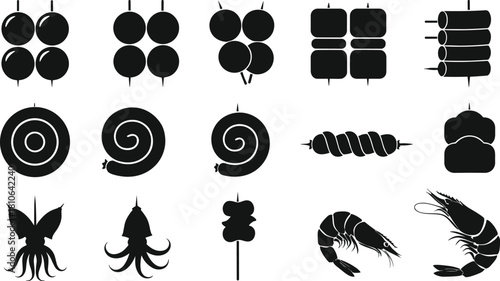 Collection of Barbecue and Seafood Skewers Vector Icons, Including Meatballs, Sausages, Squid, and Shrimp: Black Silhouettes for Grill Menus and Street Food Signage