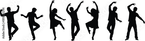 Dynamic group of dancing people silhouettes performing expressive choreography in motion, creative dance poses, energetic movement illustration for artistic design