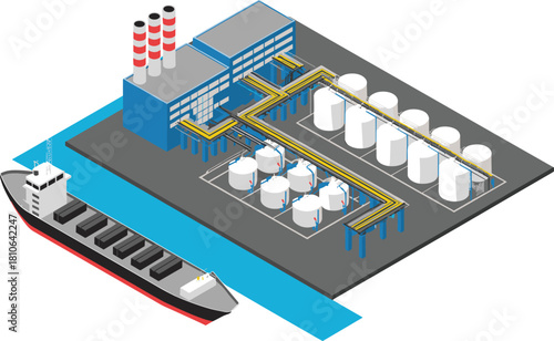 Isometric oil terminal illustration with refinery building, storage tanks, pipeline system, tanker ship loading dock, industrial energy facility, maritime fuel infrastructure