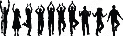 Energetic group silhouette of people jumping and dancing together in celebration, joyful crowd movement illustration ideal for community, festival and lifestyle themes