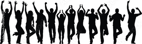 Group of dancing celebration silhouettes of diverse people jumping and cheering together in energetic party pose vector illustration