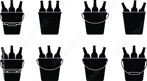 Beer bottles in ice bucket vector collection, black silhouette beverage container set, party drink cooler icons, bar pub refreshment illustration for branding design