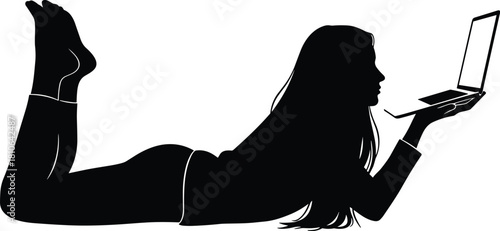 Silhouette of young woman lying on floor using laptop computer, relaxing digital lifestyle illustration, remote work technology concept vector art