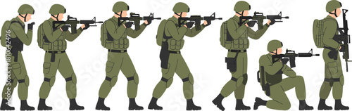 Military soldiers tactical movement illustration showing armed troops in combat positions, modern infantry poses, army training sequence, battlefield operation concept
