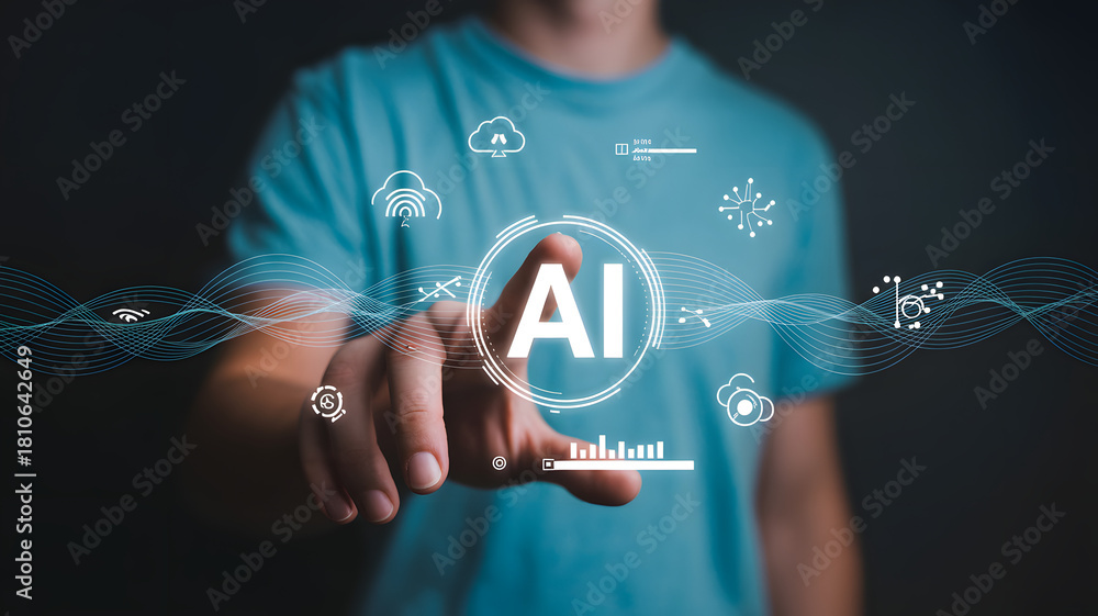 Naklejka premium Human hand activates ai system