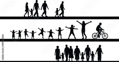 Silhouette family generations walking children playing biking together on horizontal levels, depicting active lifestyle, community connection, childhood movement and outdoor activity