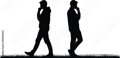 Silhouette of two men walking in opposite directions on grass, thoughtful posture, relationship conflict concept, vector illustration for creative design
